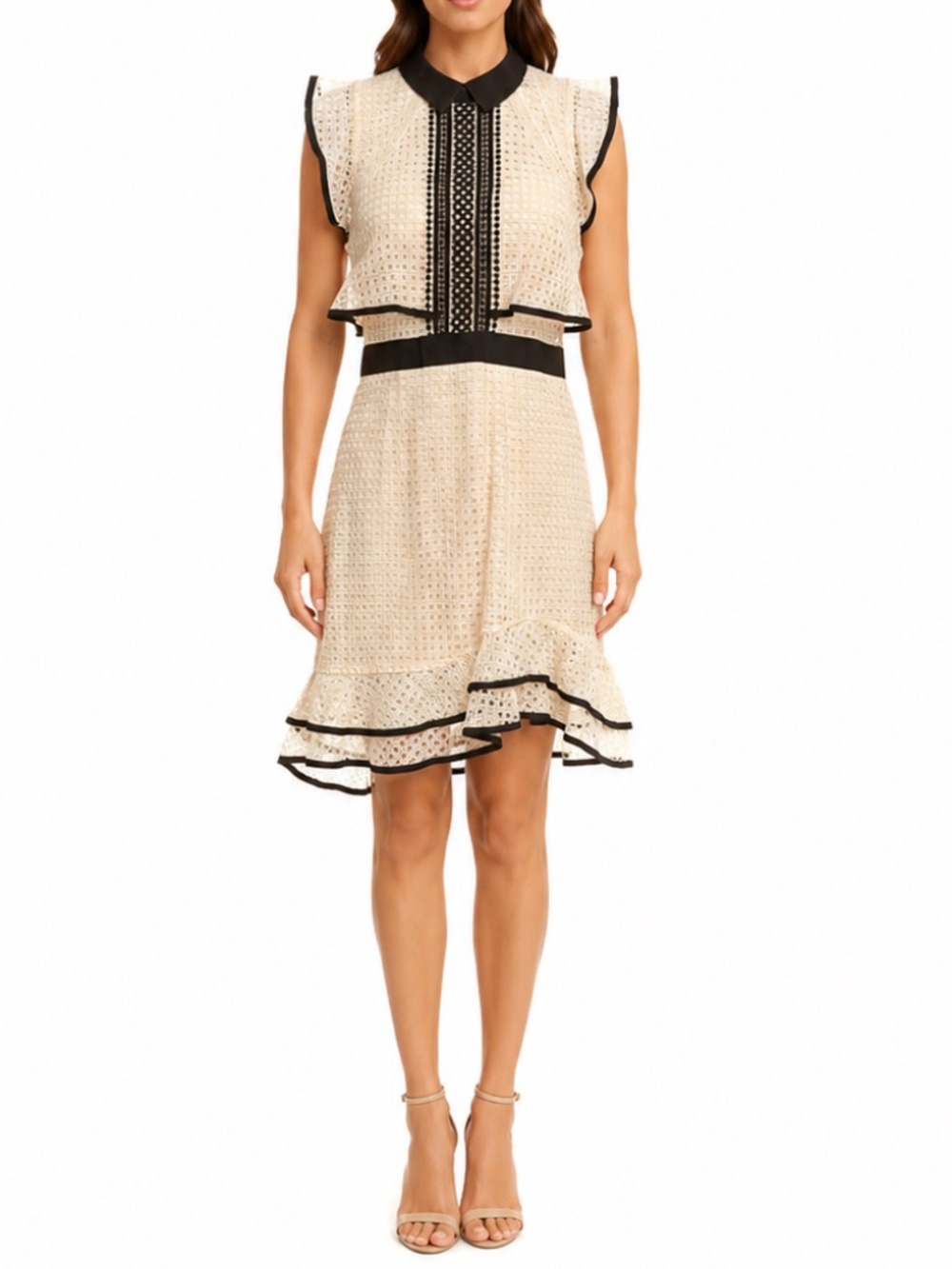 NWOT Self-Portrait Cream Lace Ruffle Dress Black Trim 8 (US 4)